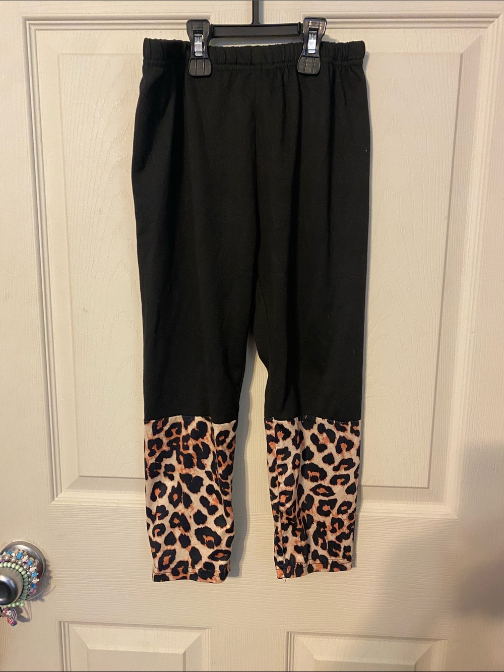 Kids Black Leggings with Leopard Print Cuff